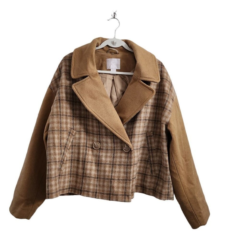 Rachel‎ Parcell Coat Jacket XL Brown Plaid Wool Blend Double Breasted